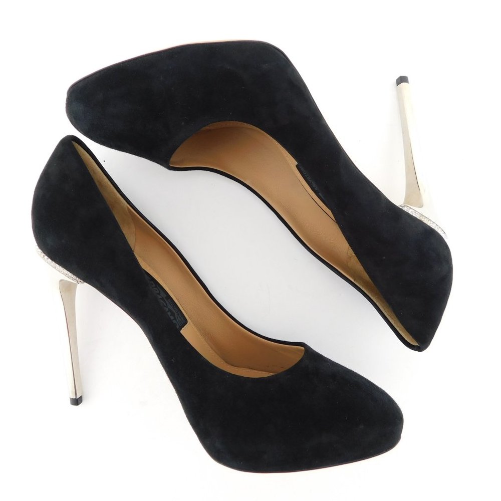 New FERRAGAMO Black Suede Leather Crystal Accent Trim Heel Pumps 8.5 - Picture 4 of 10